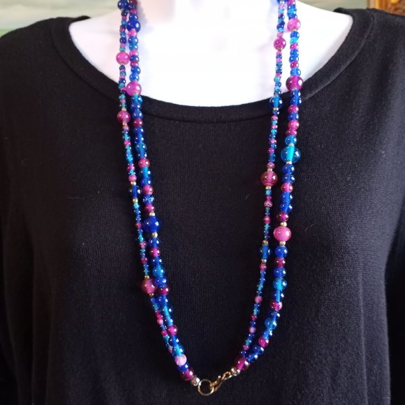 Double Strand Purple Royal Blue Teal Beaded 30" Necklace-Item #211 - Picture 2 of 3